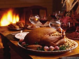 Turkey dinner in front of the fire.
