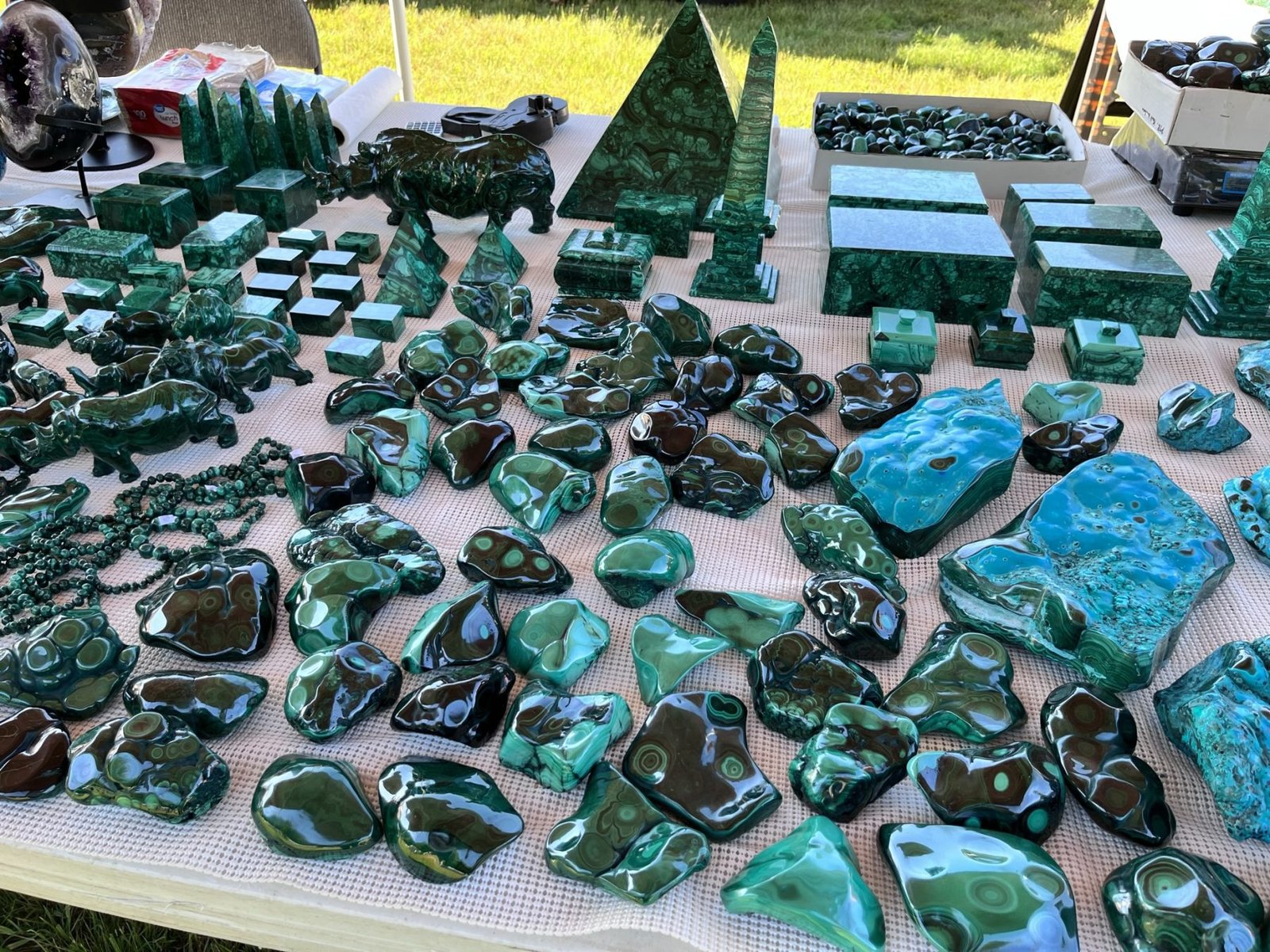 Gilsum Rock Swap and Mineral Show Malachite carvings