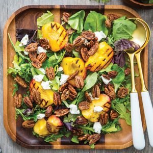 Spiced Pecan Grilled Peach Salad with Goat Cheese