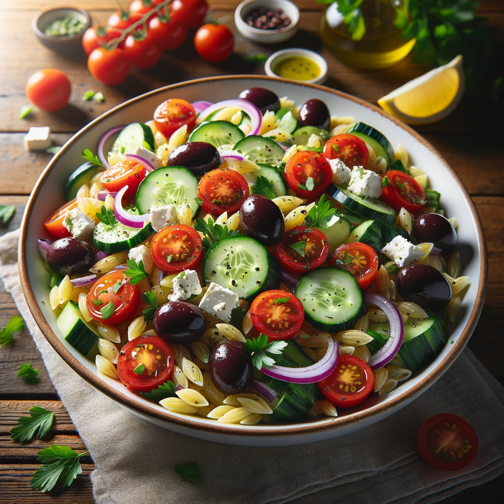 Mediterranean Orzo Salad on table