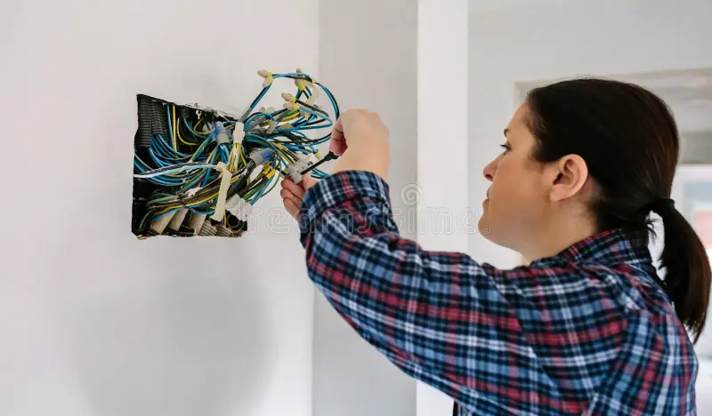 Female electrician working electrical installation