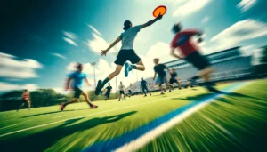 A dynamic scene of ultimate frisbee league game in action on a bright sunny day. The background features a well-maintained grass field
