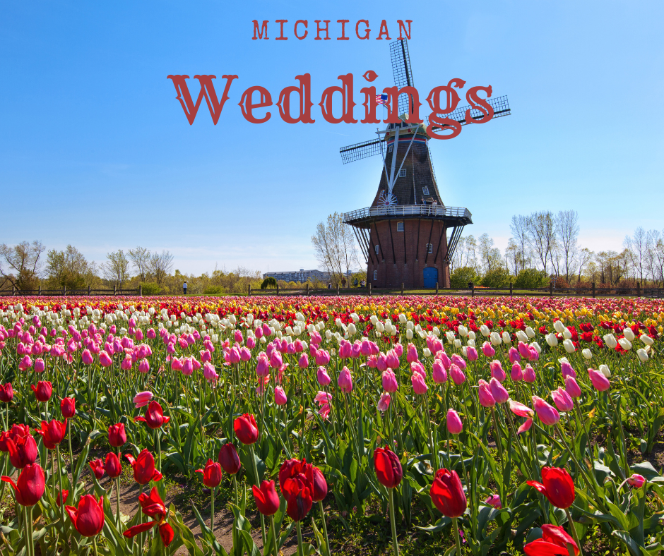 Windmill besides tulips. Michigan Weddings