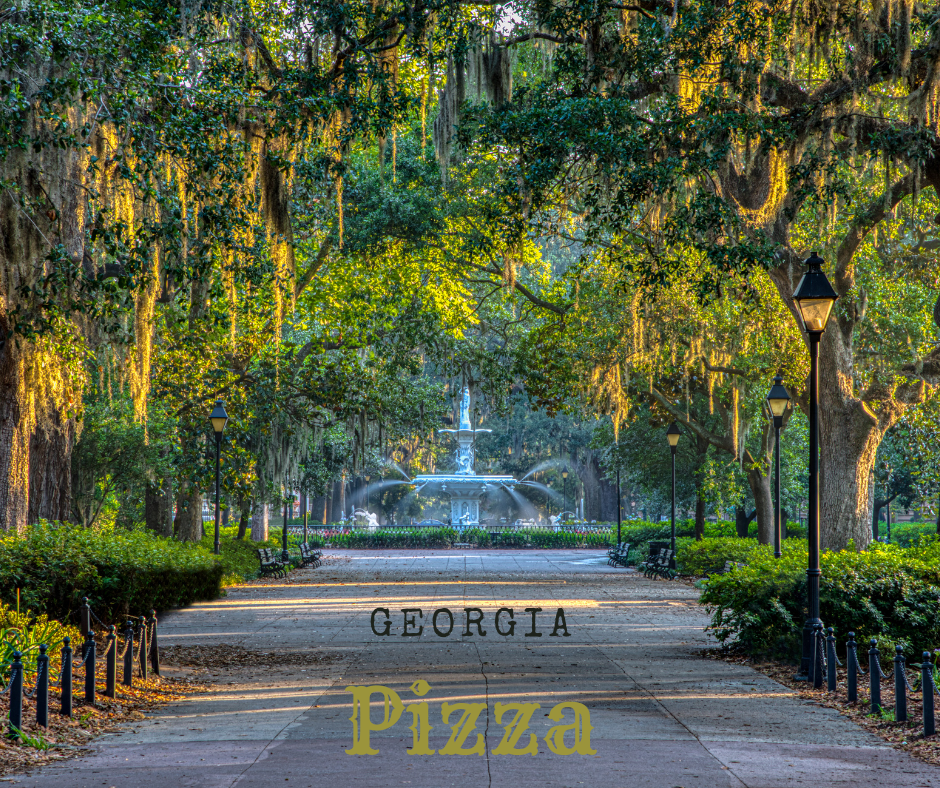 Tree lined lane with fountain-Georgia Pizza