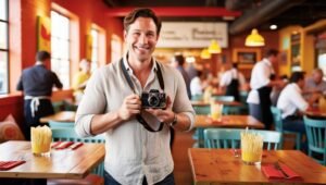 Food writer in a fun restaurant with a camera