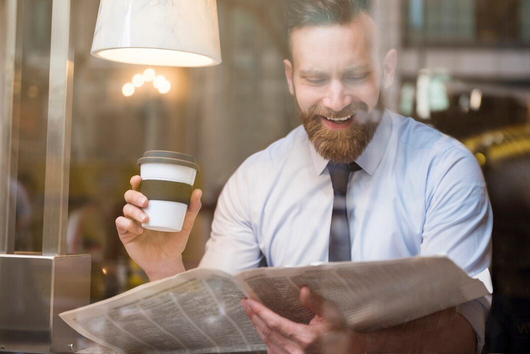 Man reading news with coffee in his hand